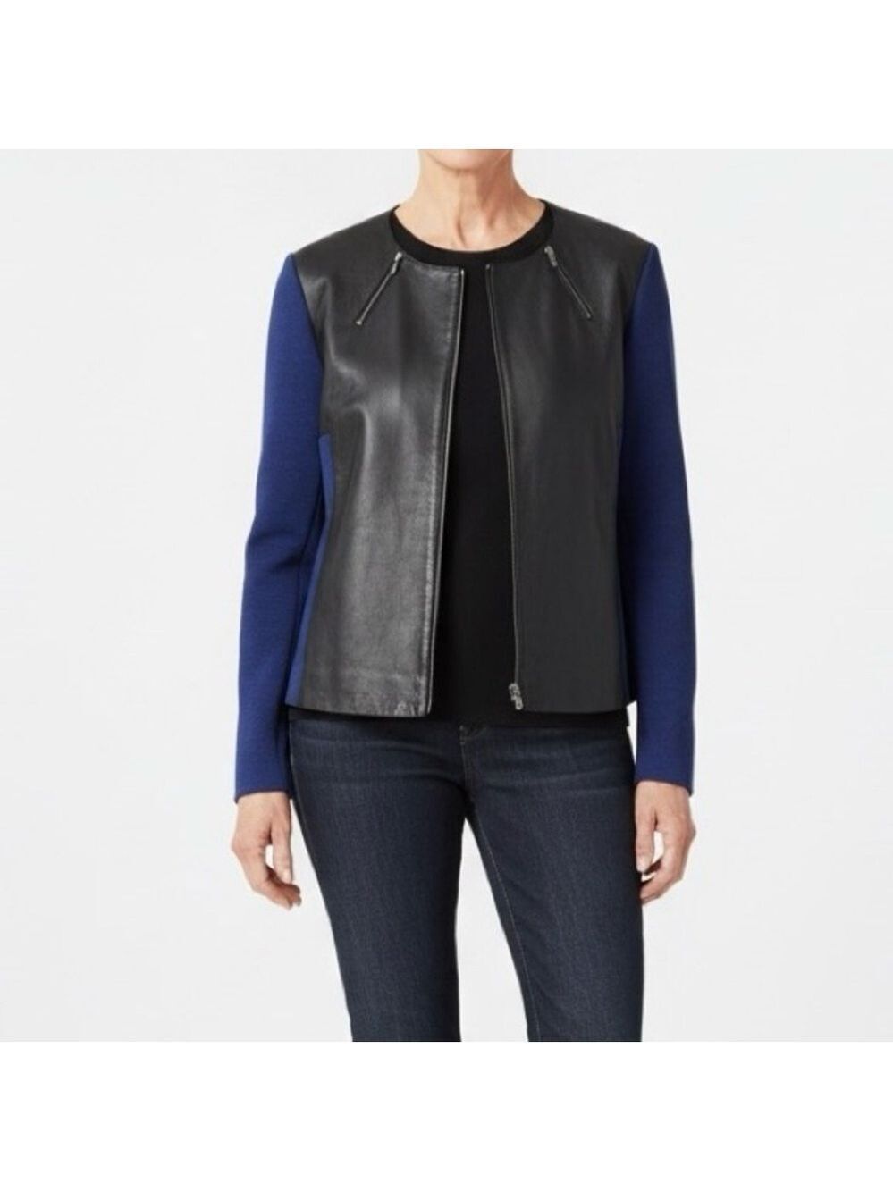 ST. JOHN LEATHER MILANO KNIT JACKET SIZE 16 COLOUR BLACK CAVIAR VIVID DENIM